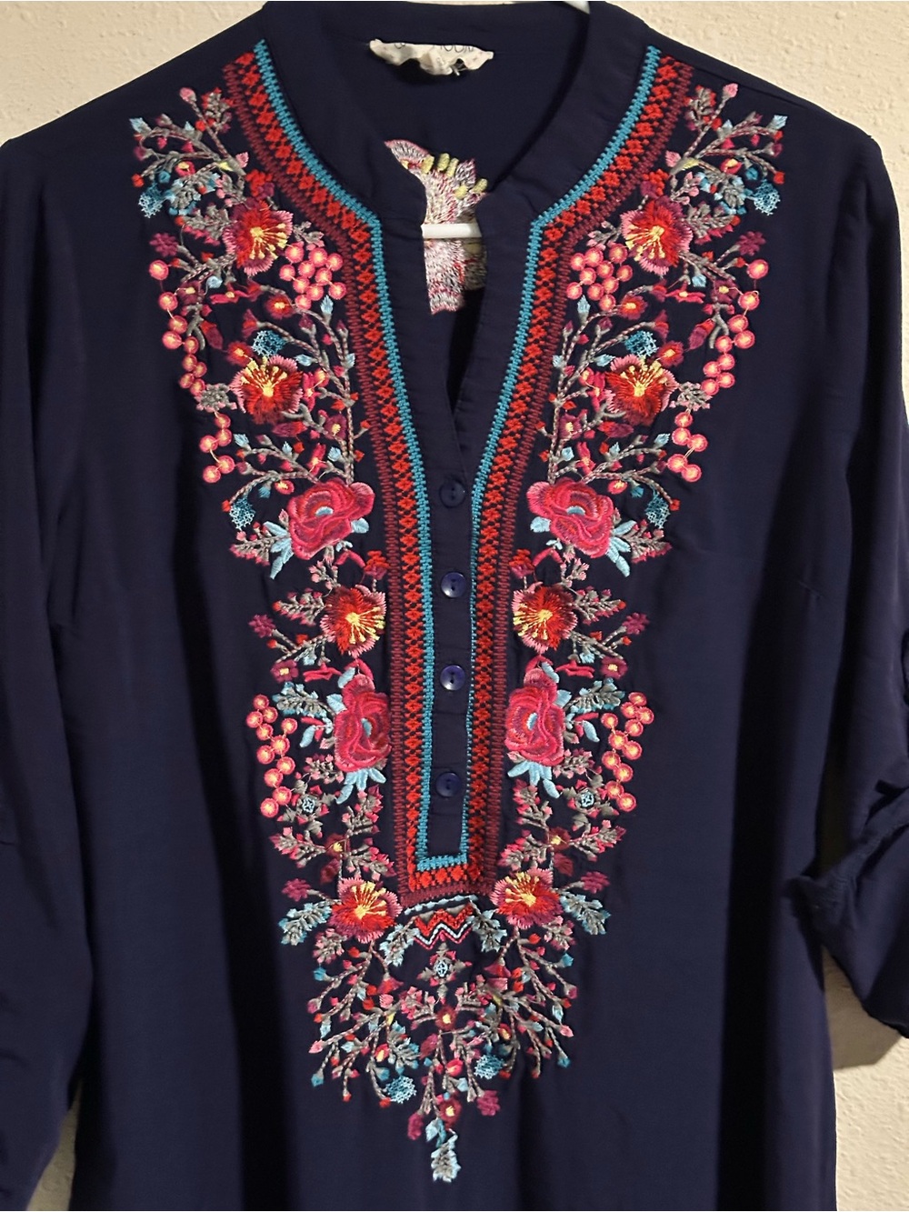 Navy Embroidered V-Neck Tunic with Multicolored Floral Detail - Picture 3 of 9
